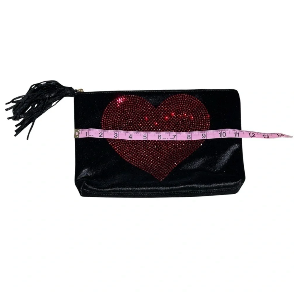 Ahdorned Velvet Red Heart Black Clutch with Tassel